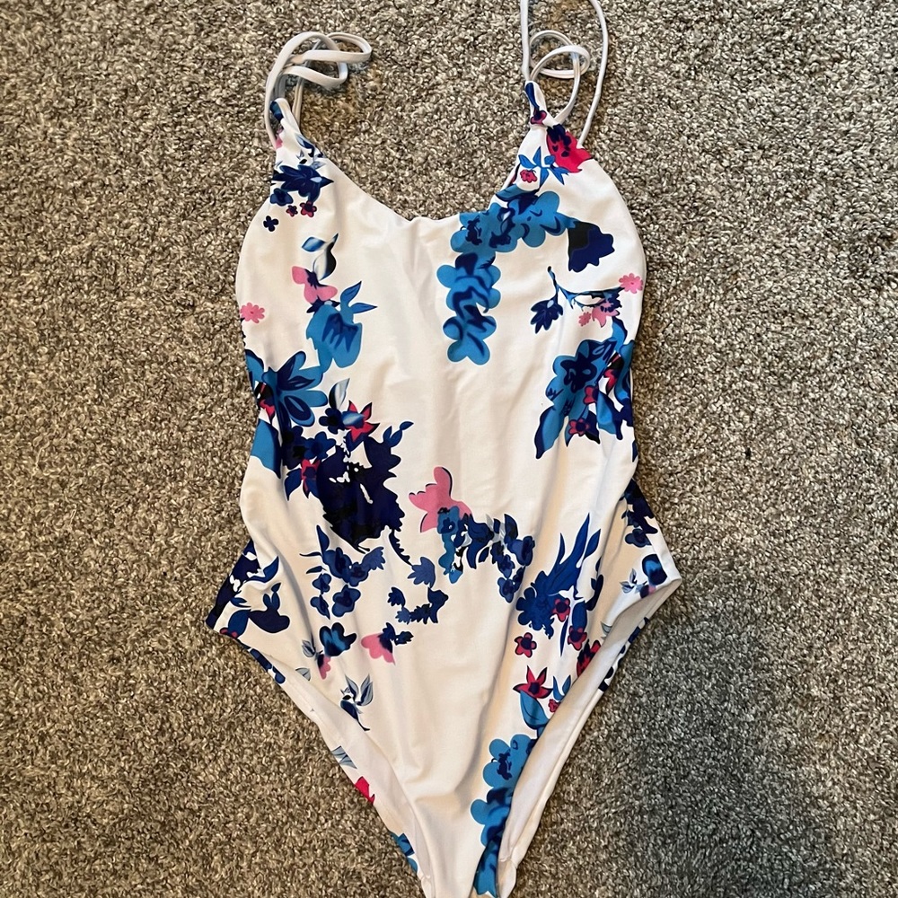 Blue and Pink Floral One Piece bathing suit